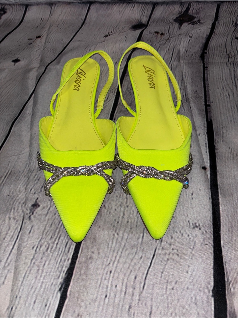 Liliana Lime GreenPointed Toe Slingback Mules with Braided Rhinestone Strap